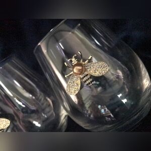 New Stemless Wine Glass Set of Two Rhinestone Blinged Out Honeybee Detail